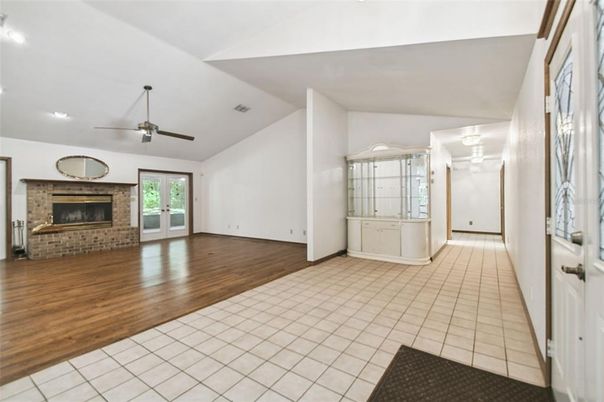 Empty room, Fireplace, Interior, Recessed Lighting, Wood Texture Flooring