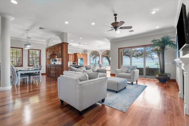 Dining room, Interior, Kitchen, Living room, Pendant Lights, Recessed Lighting, Water, Wood Texture Flooring