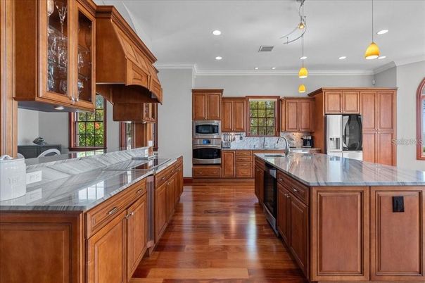Interior, Kitchen, Pendant Lights, Recessed Lighting, Stainless Steel Appliances, Wood Texture Flooring