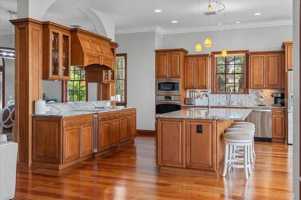 Interior, Kitchen, Pendant Lights, Recessed Lighting, Stainless Steel Appliances, Wood Texture Flooring