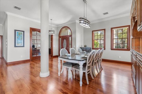 Dining room, Interior, Pendant Lights, Wood Texture Flooring