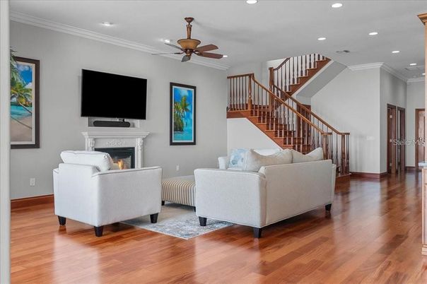 Fireplace, Interior, Living room, Recessed Lighting, Wood Texture Flooring