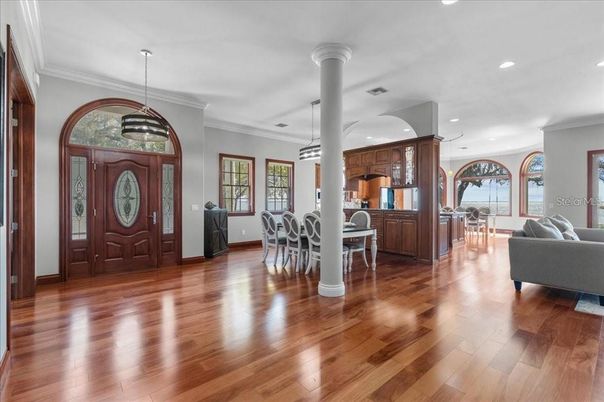 Dining room, Interior, Kitchen, Living room, Pendant Lights, Recessed Lighting, Wood Texture Flooring
