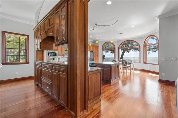 Interior, Kitchen, Pendant Lights, Recessed Lighting, Stainless Steel Appliances, Wood Texture Flooring