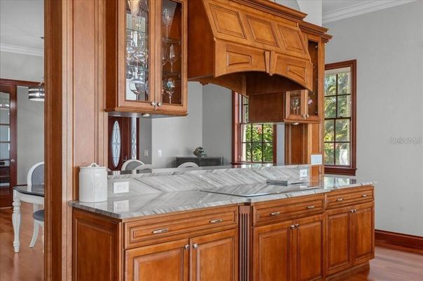 Interior, Kitchen, Tile Countertops, Wood Texture Flooring