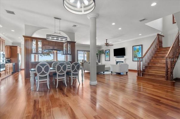 Dining room, Fireplace, Interior, Kitchen, Living room, Pendant Lights, Recessed Lighting, Wood Texture Flooring