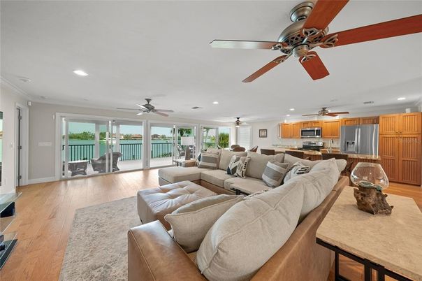 Interior, Kitchen, Living room, Recessed Lighting, Stainless Steel Appliances, Water, Wood Texture Flooring