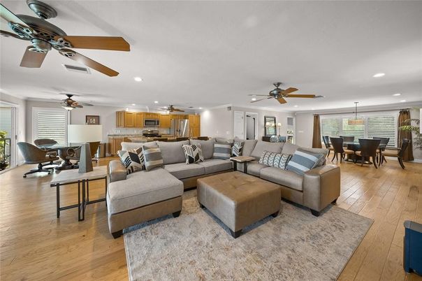 Dining room, Interior, Kitchen, Living room, Pendant Lights, Recessed Lighting, Stainless Steel Appliances, Wood Texture Flooring