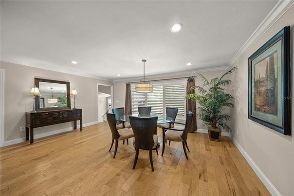 Dining room, Interior, Pendant Lights, Recessed Lighting, Wood Texture Flooring