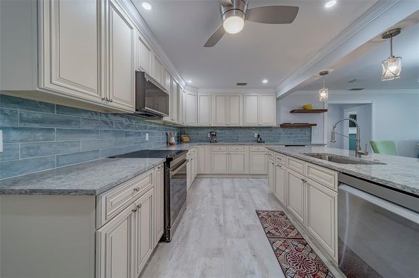 Interior, Kitchen, Pendant Lights, Recessed Lighting, Wood Texture Flooring