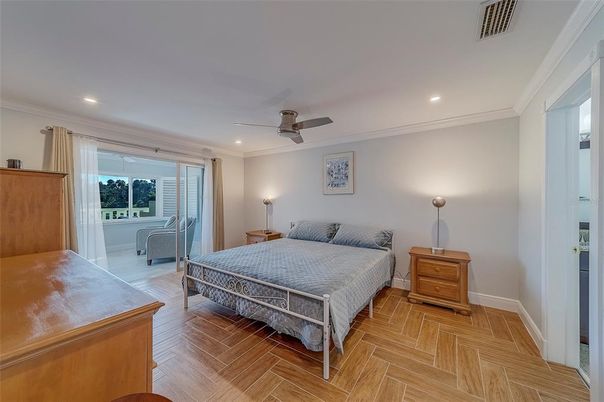 Bedroom, Interior, Recessed Lighting, Wood Texture Flooring