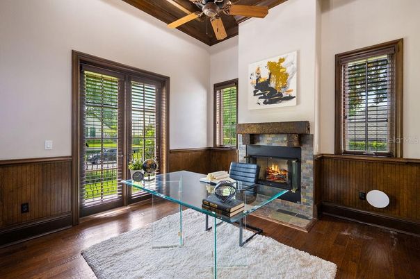 Fireplace, Home Office, Interior, Wooden Ceilings, Wood Texture Flooring