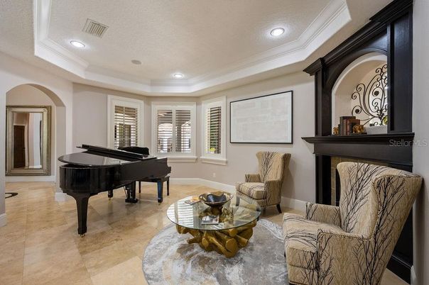 Fireplace, Interior, Living room, Piano, Recessed Lighting