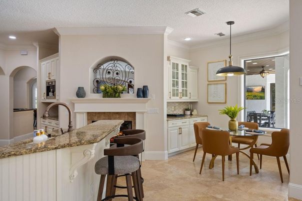 Dining room, Fireplace, Interior, Kitchen, Pendant Lights, Recessed Lighting