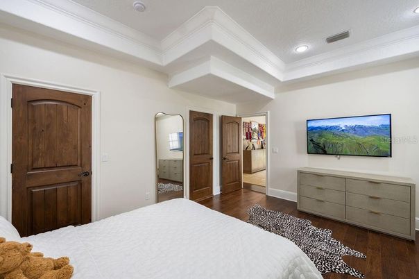 Bedroom, Interior, Recessed Lighting, Wood Texture Flooring