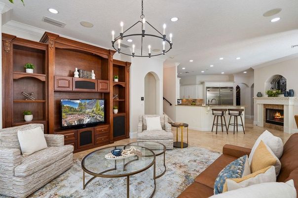 Chandelier, Fireplace, Interior, Kitchen, Living room, Recessed Lighting