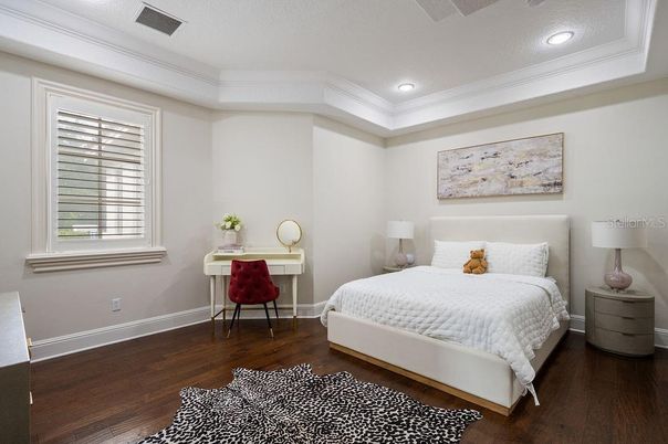 Bedroom, Interior, Recessed Lighting, Wood Texture Flooring