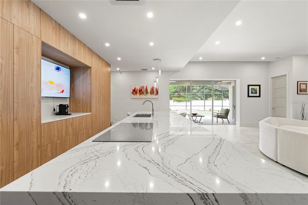 Interior, Kitchen, Marble, Recessed Lighting, Wooden Walls