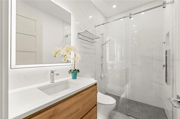 Bathroom, Glass Shower, Interior, Marble Walls, Recessed Lighting