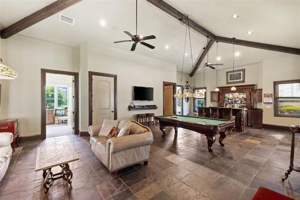 Billiard Table, Chandelier, Game Room, Interior, Pendant Lights, Recessed Lighting, Wooden Beams