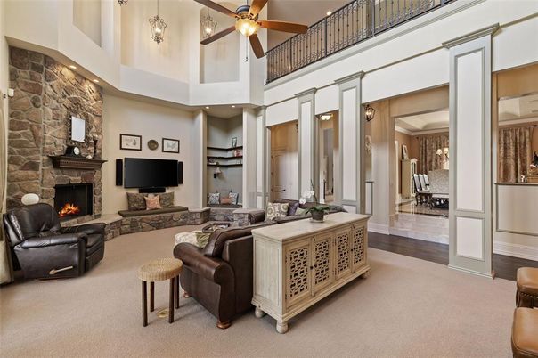 Fireplace, Interior, Living room, Pendant Lights, Recessed Lighting, Stone Walls, Wood Texture Flooring