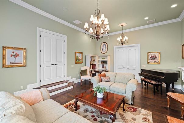 Chandelier, Interior, Living room, Piano, Recessed Lighting, Wood Texture Flooring
