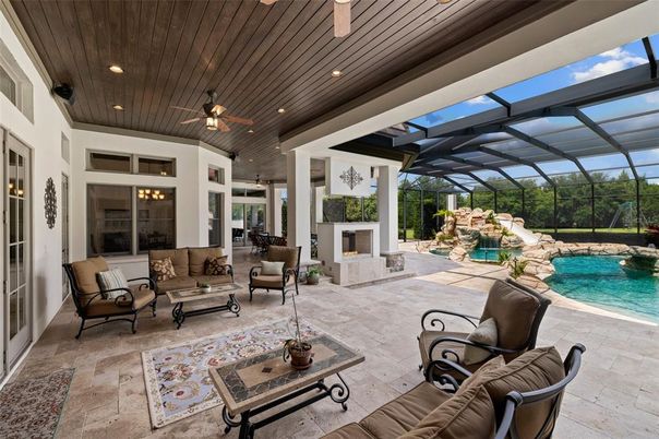Fireplace, Glass Ceilings, Interior, Living room, Pool, Recessed Lighting, Sun Room