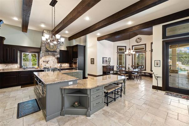 Chandelier, Dining room, Interior, Kitchen, Pendant Lights, Recessed Lighting, Stainless Steel Appliances, Wooden Beams