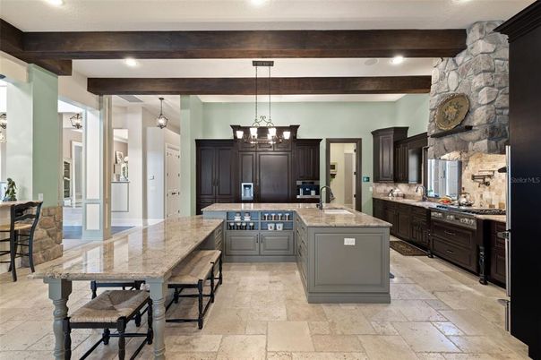 Chandelier, Interior, Kitchen, Pendant Lights, Recessed Lighting, Stainless Steel Appliances, Wooden Beams