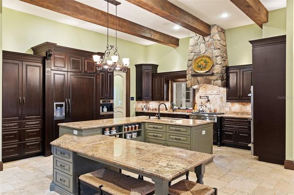 Chandelier, Interior, Kitchen, Pendant Lights, Recessed Lighting, Wooden Beams