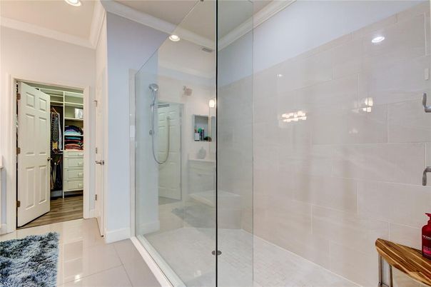 Bathroom, Glass Shower, Interior, Recessed Lighting, Wood Texture Flooring