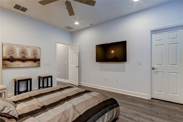 Bedroom, Interior, Recessed Lighting, Wood Texture Flooring