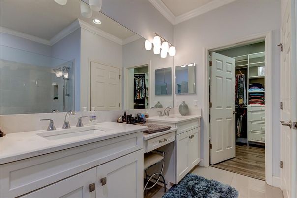 Bathroom, Dual Sink Vanities, Interior, Recessed Lighting, Wood Texture Flooring