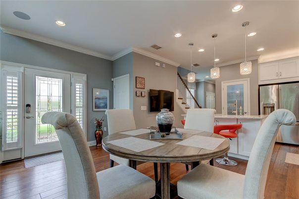 Dining room, Interior, Pendant Lights, Recessed Lighting, Wood Texture Flooring