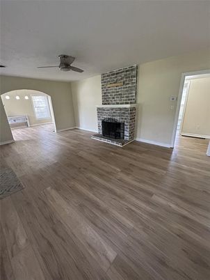 Empty room, Fireplace, Interior, Stone Walls, Wood Texture Flooring
