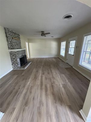Empty room, Fireplace, Interior, Stone Walls, Wood Texture Flooring