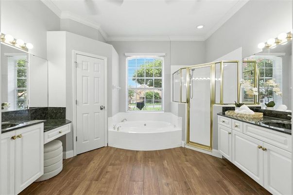 Bathroom, Glass Shower, Interior, Recessed Lighting, Wood Texture Flooring