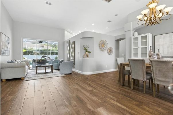 Chandelier, Dining room, Interior, Living room, Recessed Lighting, Wood Texture Flooring