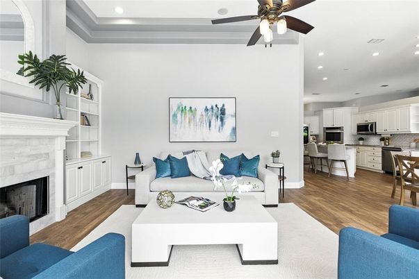Dining room, Fireplace, Interior, Kitchen, Living room, Recessed Lighting, Stainless Steel Appliances, Wood Texture Flooring