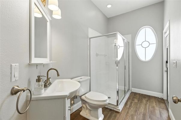 Bathroom, Glass Shower, Interior, Recessed Lighting, Wood Texture Flooring