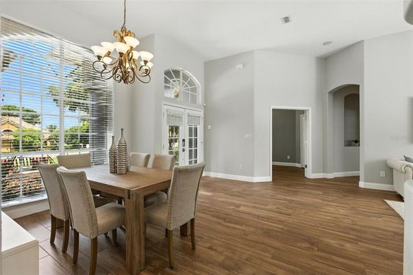 Chandelier, Dining room, Interior, Wood Texture Flooring