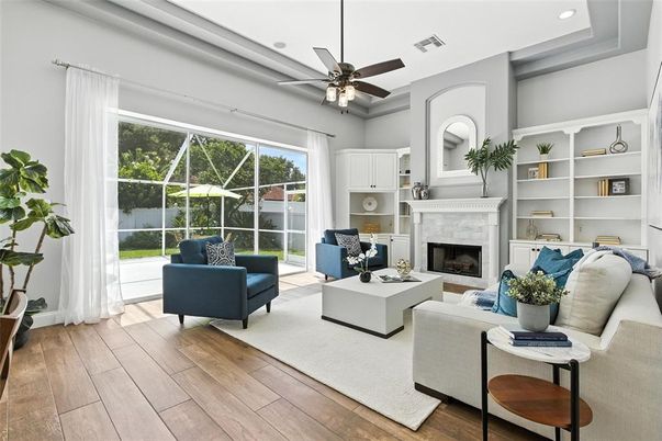 Fireplace, Interior, Living room, Recessed Lighting, Wood Texture Flooring