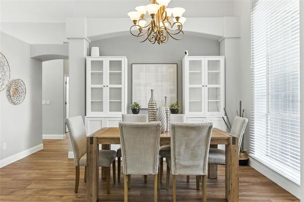 Chandelier, Dining room, Interior, Wood Texture Flooring