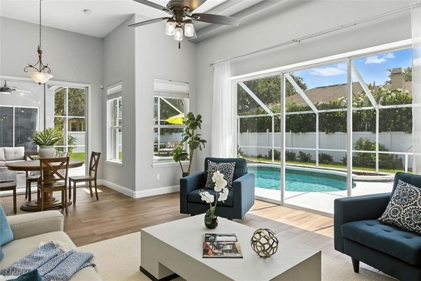 Dining room, Glass Ceilings, Interior, Living room, Pendant Lights, Pool, Sun Room, Wood Texture Flooring
