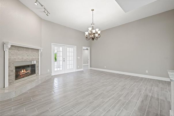 Chandelier, Empty room, Fireplace, Interior, Wood Texture Flooring
