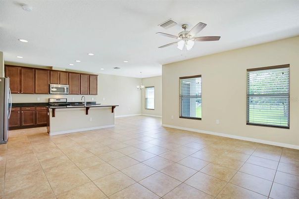 Empty room, Interior, Kitchen, Pendant Lights, Recessed Lighting, Stainless Steel Appliances