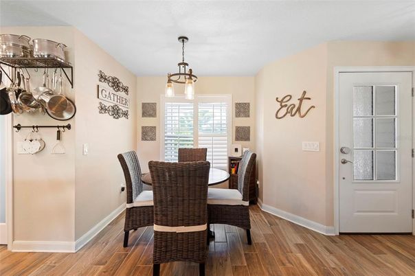 Dining room, Interior, Pendant Lights, Wood Texture Flooring