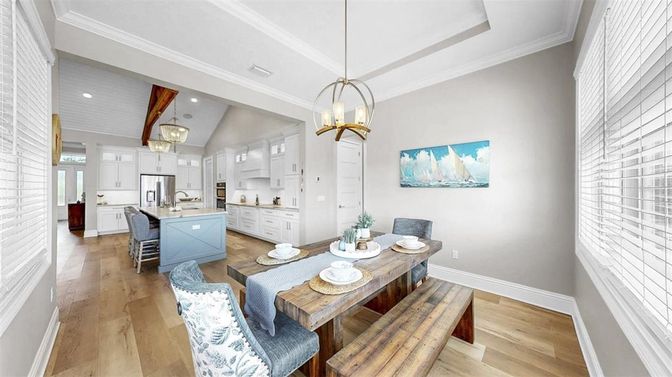Dining room, Interior, Kitchen, Pendant Lights, Recessed Lighting, Stainless Steel Appliances, Wood Texture Flooring
