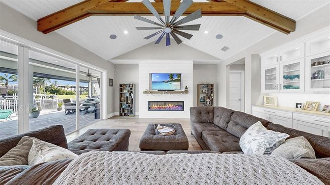 Fireplace, Interior, Living room, Recessed Lighting, Wooden Beams, Wood Texture Flooring