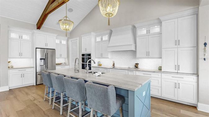 Interior, Kitchen, Pendant Lights, Stainless Steel Appliances, Wooden Beams, Wood Texture Flooring